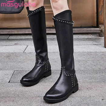 

Masgulahe genuine leather 2020 winter sexy lady knee high boots round toe black slip on women boots high quality female boots
