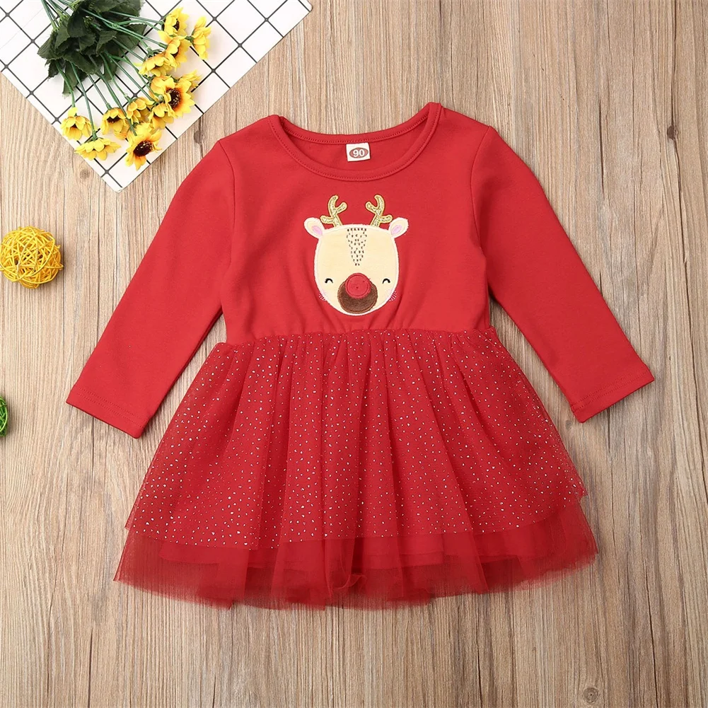 Imcute, коллекция года, рождественское платье с оленем для маленьких девочек, рождественское хлопковое платье с длинными рукавами+ кружевное Повседневное платье-пачка вечерние платья