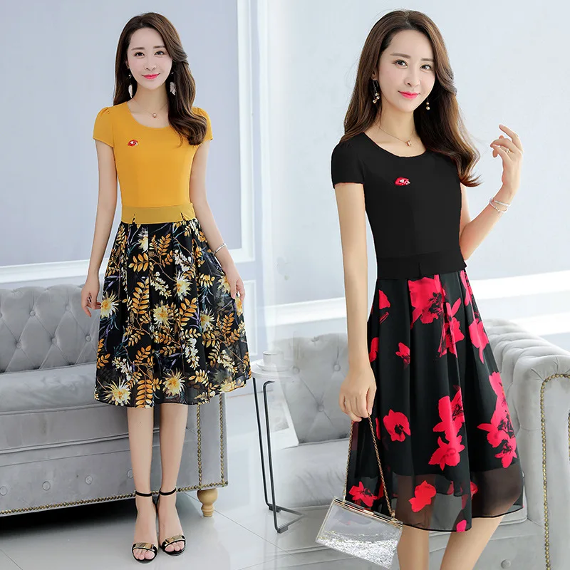 

2019 Summer Wear New Style Korean-style Slim Fit Slimming Chiffon Mid-length Floral Printed Dress Women's
