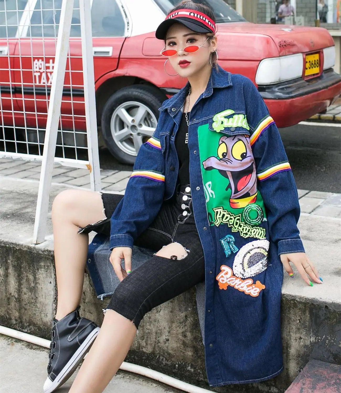 Women Full Sleeve Cartoon Jacket Long Style Patchwork Denim Coat Autumn High Street Outfit Cardigan