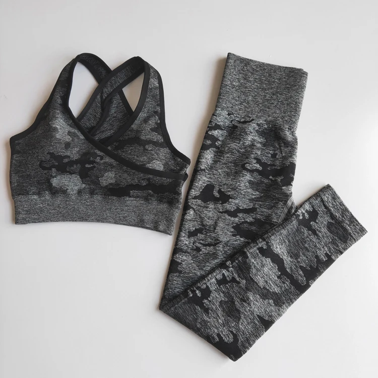 black set Женский бесшовный комплект для йоги, одежда для спортзала, спортивная одежда, камуфляжные леггинсы+ спортивный бюстгальтер, 2 предмета, спортивная одежда для бега, Женский комплект для тренировок - Цвет: black set