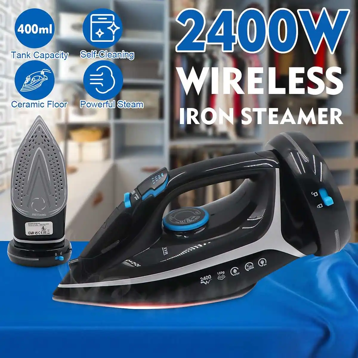 

2400W 240V Portable Steam Iron for Clothes Vertical Electric Irons Home Travel Iron Cordless Ironing Steamer Ceramic Soleplate