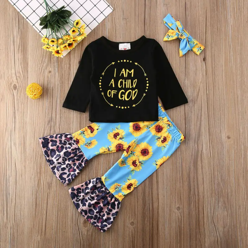 

Toddler Kids Baby Girl Clothes Tops+Flares Pants+Headband Outfits 3pcs Set