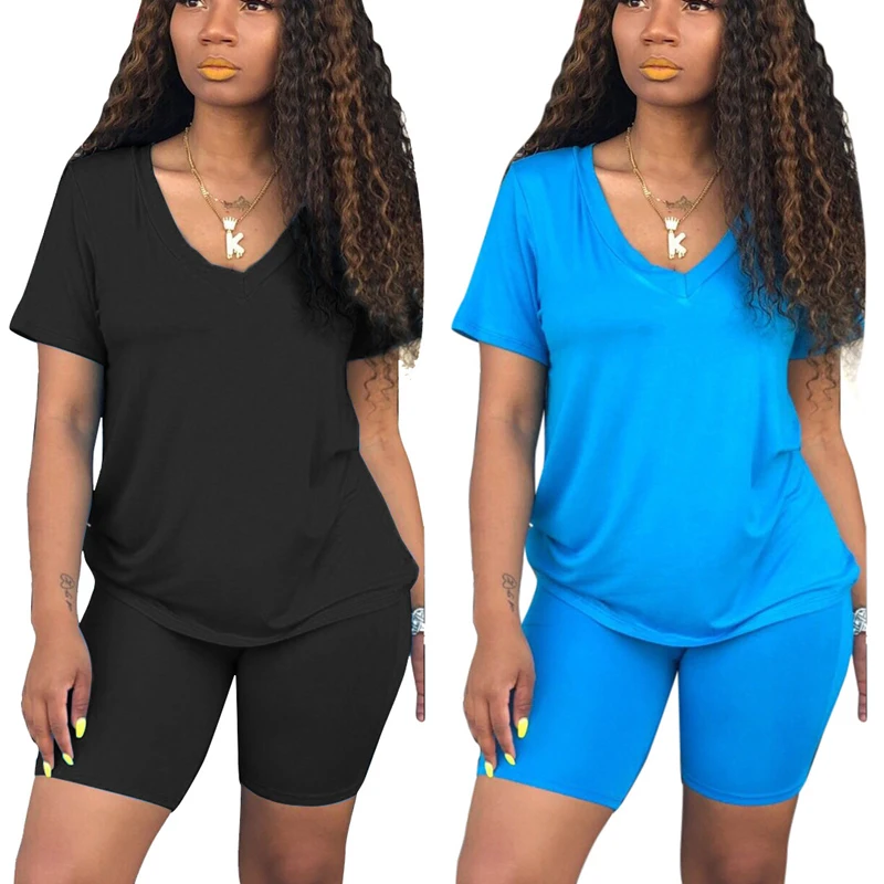 

Solid High Elastic 2 Piece Set Outfit Women V-Neck Short Sleeve Basic Tshirt and Bodycon Shorts Suit Summer Causal Tracksuits