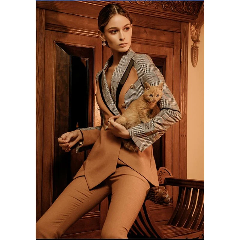 

HIGH QUALITY New Fashion 2019 Designer Trousers Set Women's Patchwork Plaid Blazer Jacket And Straight Leg Pants Sets NP0781A