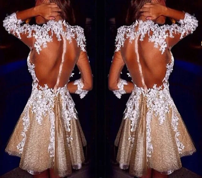Новая мода прозрачные короткие платья из органзы для выпускного вечера цвета шампанского с белой кружевной аппликацией Сексуальные вечерние платья с открытой спиной для девочек