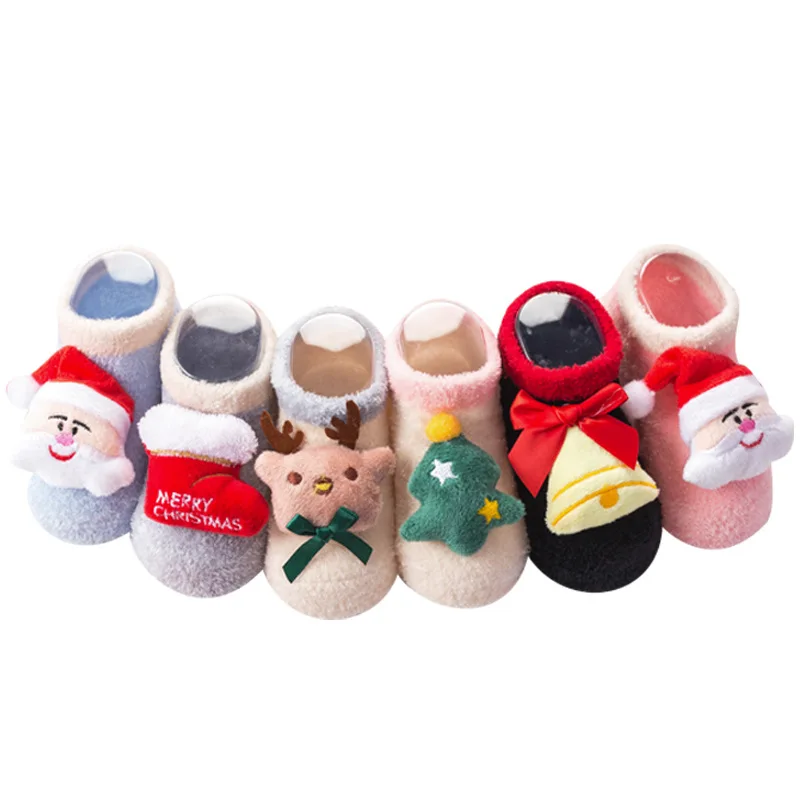 Носки для маленьких девочек и мальчиков, рождественские Нескользящие короткие носки для новорожденных, Зимняя Теплая обувь, Детские Рождественские Носки с рисунком