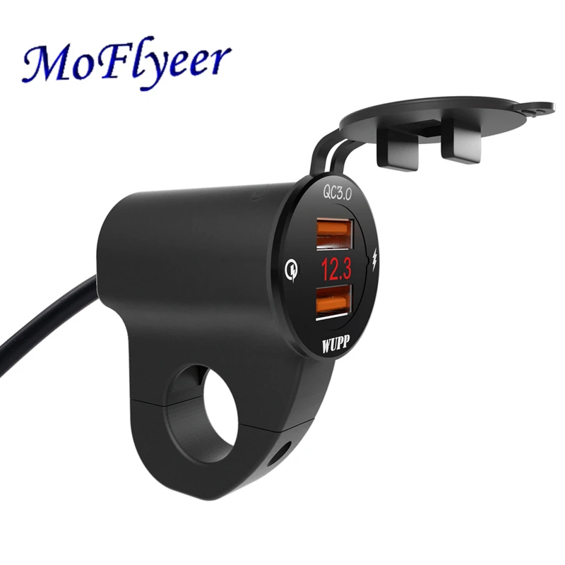 

MoFlyeer Metal 12V Motorcycle Waterproof Quick Charge QC3.0 Dual USB Fast Charger Power Adapter LED Voltmeter Switch for Mobile
