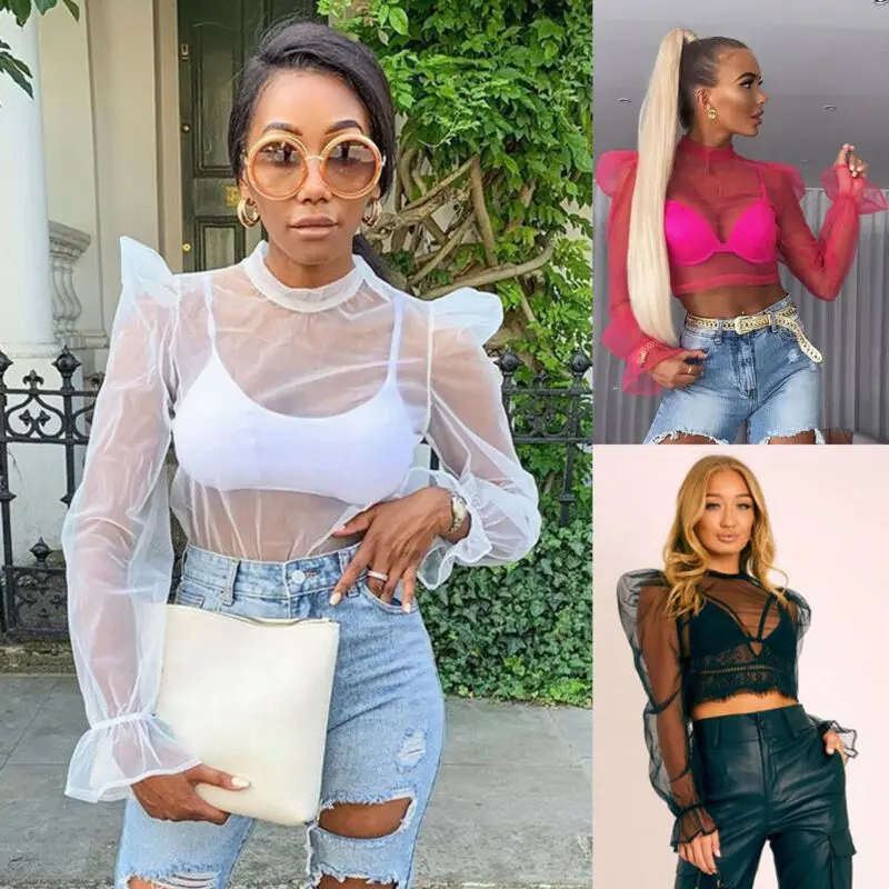 

Brand New Women Sexy Sheer Mesh See-through Top Long Puff Sleeve Turtleneck Backless Bow Tied Shirt Blouse Solid Crop Tops