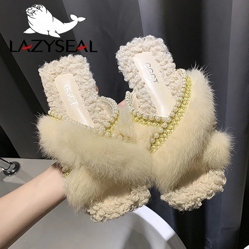 

LazySeal String Bead Furry Slippers Women Real Pabbit Fur Flip Flops Woman Sliders Pearl Slides Flat-soled Slippers Plush Shoes