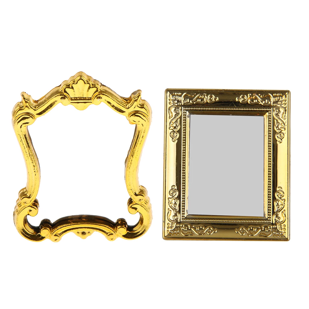 2pcs 1:12 Dollhouse Miniature Golden Mirror Rahmen for Bedroom Dresser or Bathroom Wall Decor Accessories, Mini Household Items