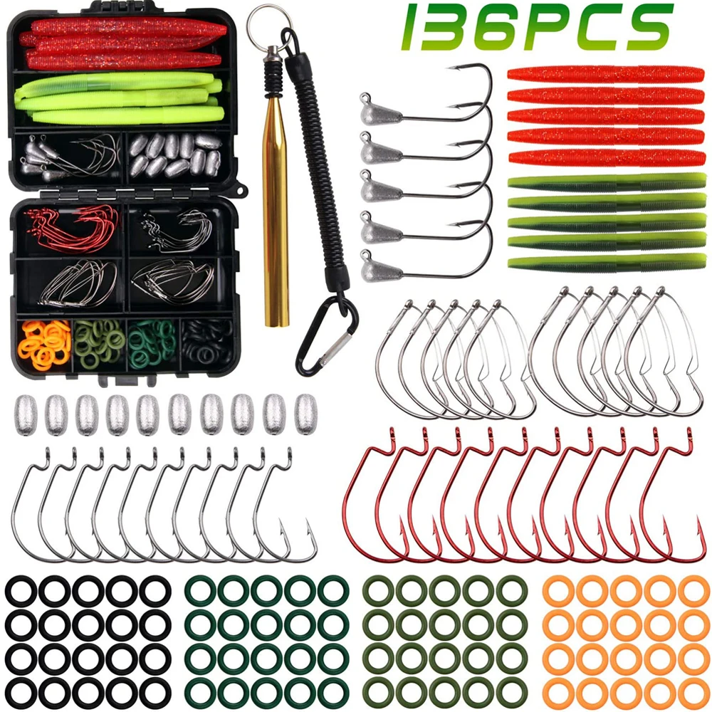 

136Pcs/Box Wacky Rig Tool Kit With Wacky O-Rings Weedless Hooks Tube Jig Head Hook Soft Lures Sinker Weight Fishing Accessories