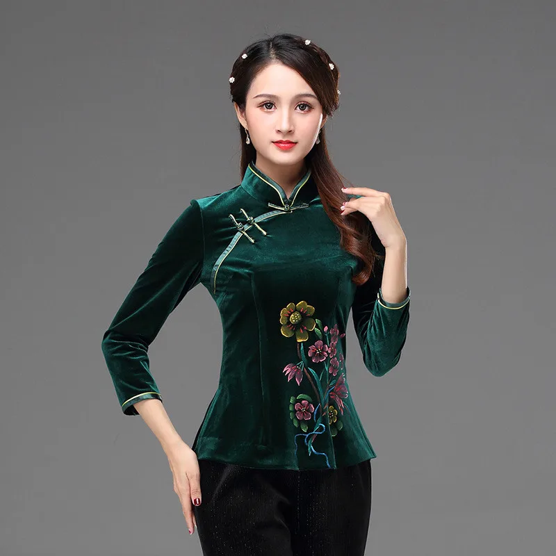 Cheongsam блуза Tang костюм блузка осенняя и зимняя мода улучшенная ретро тонкая Мать платье свадебное Золотое бархатное платье