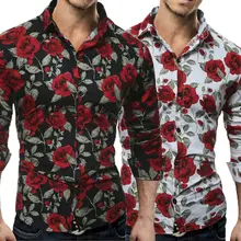 Goocheer Модные мужские повседневные стильные облегающие рубашки с длинным рукавом, повседневные деловые официальные Рубашки, Топы с принтом розы, мужские рубашки