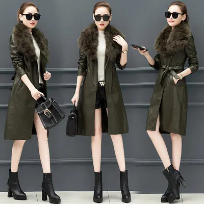 ArmyGreen Pu Leather Women Plus Velvet Thickening Long Section Winter Fashion New Large Fur Collar Warm Leather Jacket Tide HHH00163 - Цвет: ArmyGreen