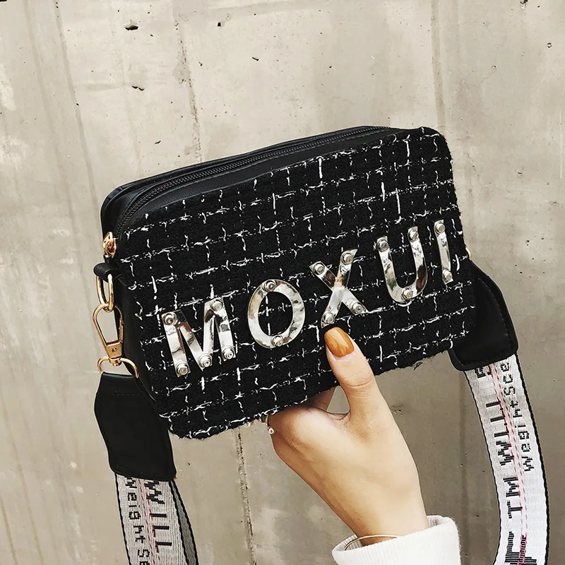 

Small Bag Women's 2020 Autumn New Style Korean-style Woolen Cloth Wide-Strap Square Sling Bag Versatile GIRL'S Lettered Crossbod