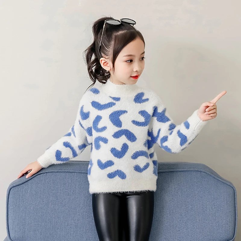

Baby Girl Winter Clothes Mink Velvet Kids Sweaters Long Sleeve Leopard Printed Children Knitted Sweater Pullover Casual Sweter