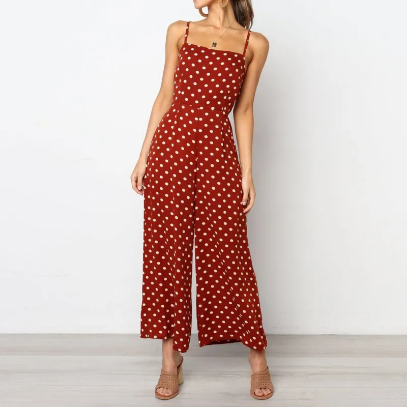 

Elegant Women Sexy Sleeveless Jumpsuit Polka Dots Casual Loose Trousers Wide Leg Pants Rompers Holiday Bow Backless Jumpsuits