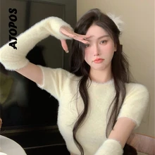 

Atopos Korean Sweet Women Crop Top Y2K Knitted Sexy Cropped Tops Pullover With Sleeve Fashion Sweater Pullovers Female Clothes