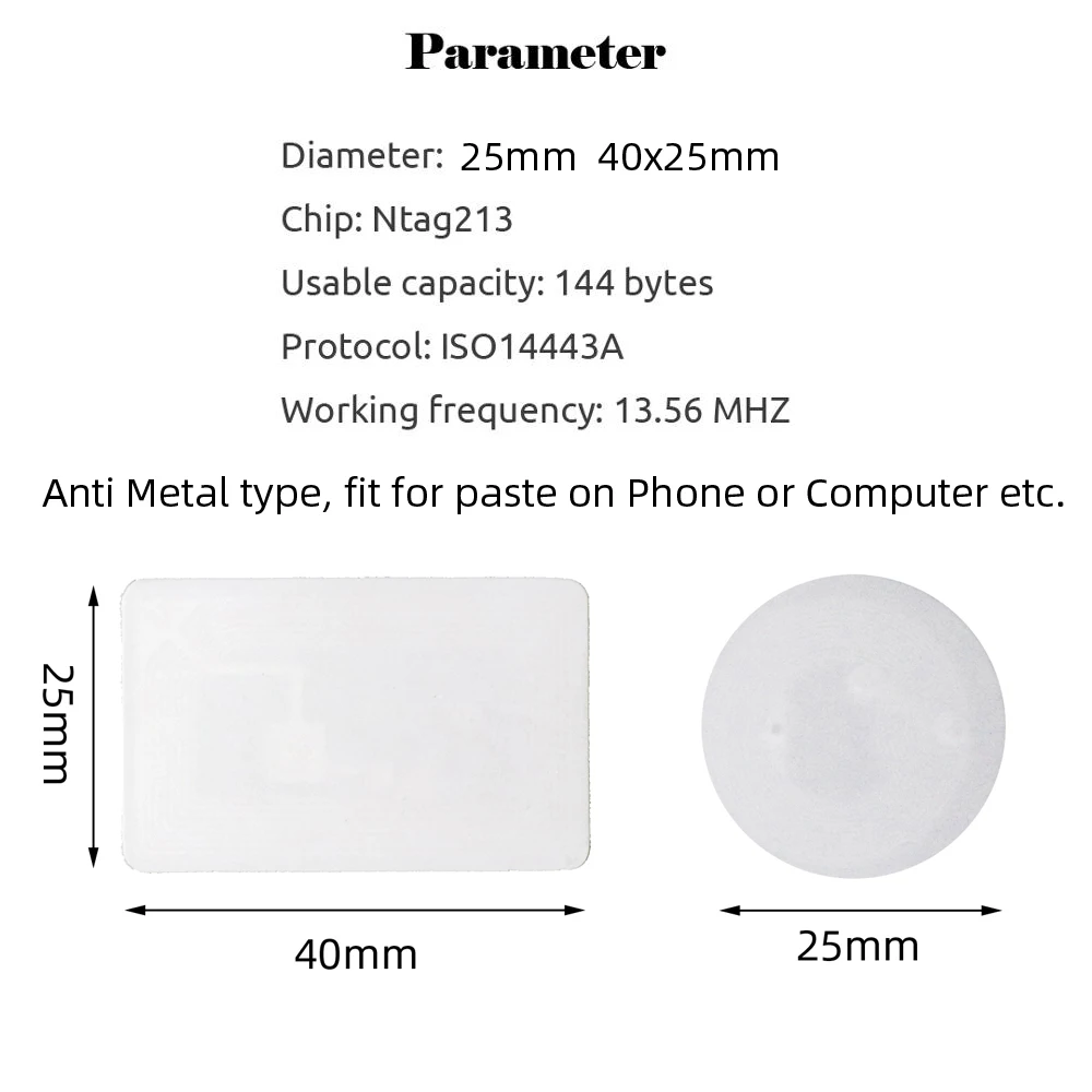 5pcs NFC Tag Ntag213 Tags Anti Metal Sticker 13.56MHz ISO14443A 213 Metallic Badges Key Token Patrol Universal Label 2