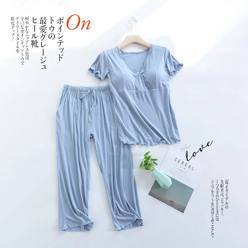 Fdfklak Summer Modal Short Sleeve Nursing Clothes Maternity Nightwear 2 Pieces Breast Feeding Pajamas For Nursing Mothers