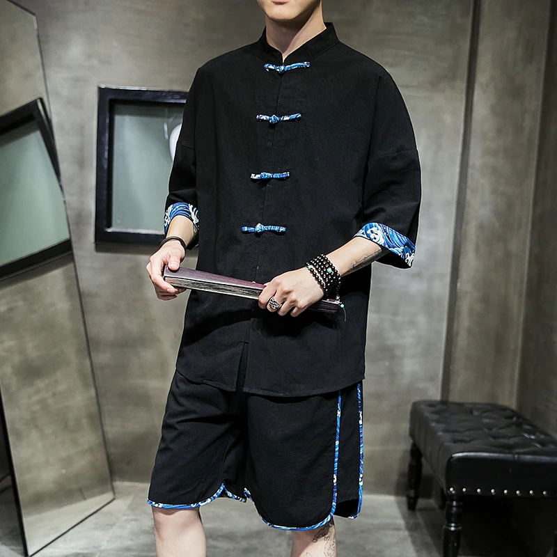 

Retro Chinese style men's wear two-piece set summer pure cotton sea water cliff printing plate buckle five-sleeved shirt
