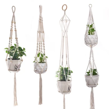 

New 4Pcs/set Nordic Style Hand-woven Flower Pot Woven Basket Net Bag Hanging Basket Net Bag for Home Garden Plant Flower USJ99