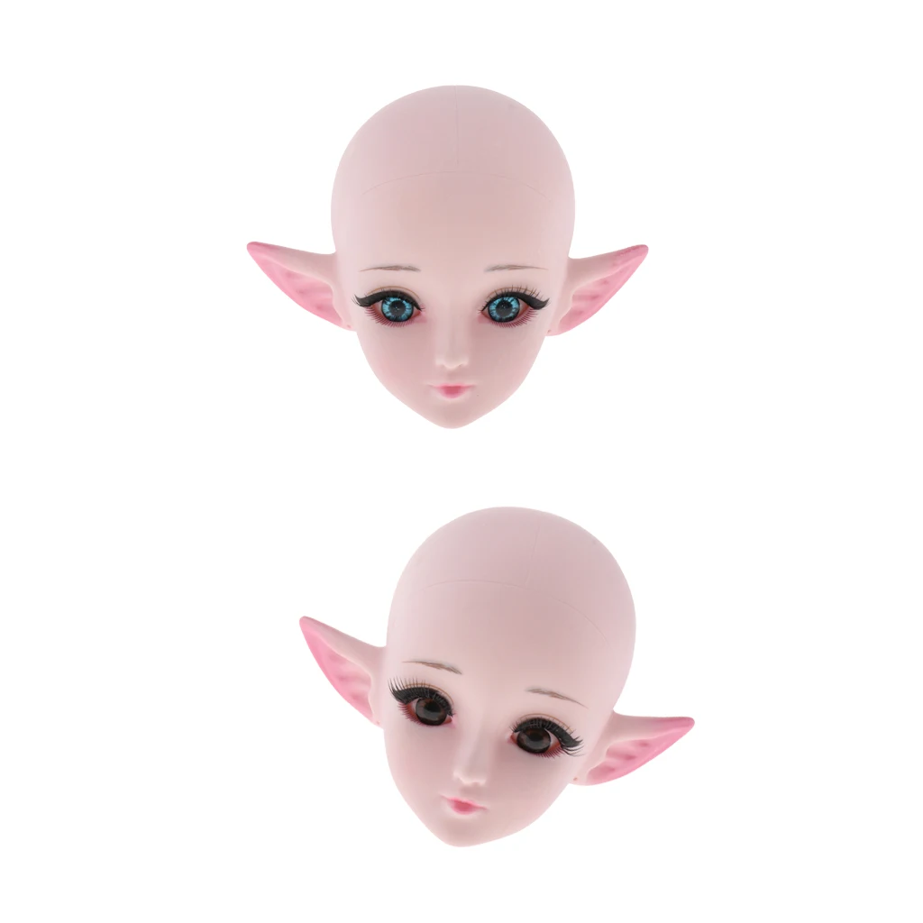 2pcs 1/3 Ball Jointed Girl Dolls Head with Elf Ear and Makeup for 60cm BJD Dolls Accessories