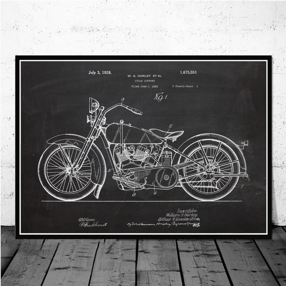 Плакат 1925 Harley Cycle поддержка патент рисунок стены Искусство краски Декор стены холст Художественная печать на холсте плакат