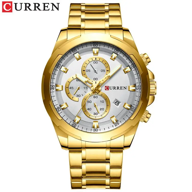 Gold White Curren мужские военные часы из нержавеющей стали 30 м водонепроницаемые кварцевые часы с календарем и хронографом спортивные наручные часы - Цвет: Gold White