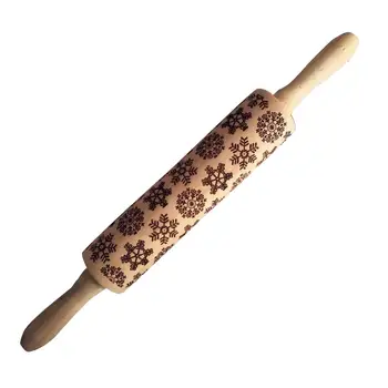 

Beech Rolling Pin Snowflake Print Embossment Christmas Wooden Cookie Dough Stick Fondant Tool 39CM