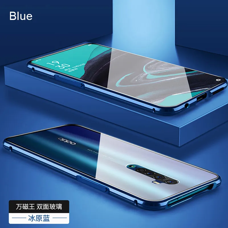 Blue Передний+ задний двухсторонний прозрачный стеклянный Магнитный чехол для OPPO Reno ACE Reno Z Reno2 2Z 2F Reno 10X Zoom металлический чехол - Цвет: Blue