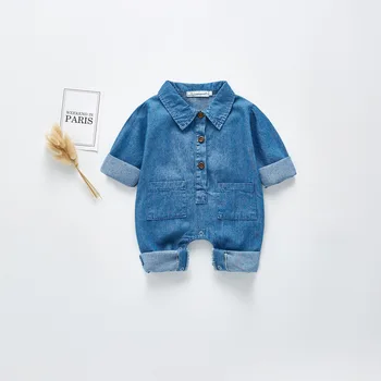 

Baby clothes romper 2020 spring baby clothes denim long-sleeved ha-shirt baby lapel climbing suit children tide long jumpsuit