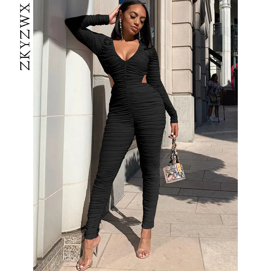 ZKYZWX Sexy Bodycon Jumpsuit Fashion Nova Overalls One Piece Club Outfits Draped Backless Long Sleeve Rompers Womens Jumpsuit