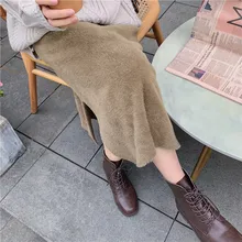 Женская осенне-зимняя высокая эластичная юбка, однотонные прямые женские юбки с разрезом, теплые длинные юбки из флиса для женщин, Faldas#3