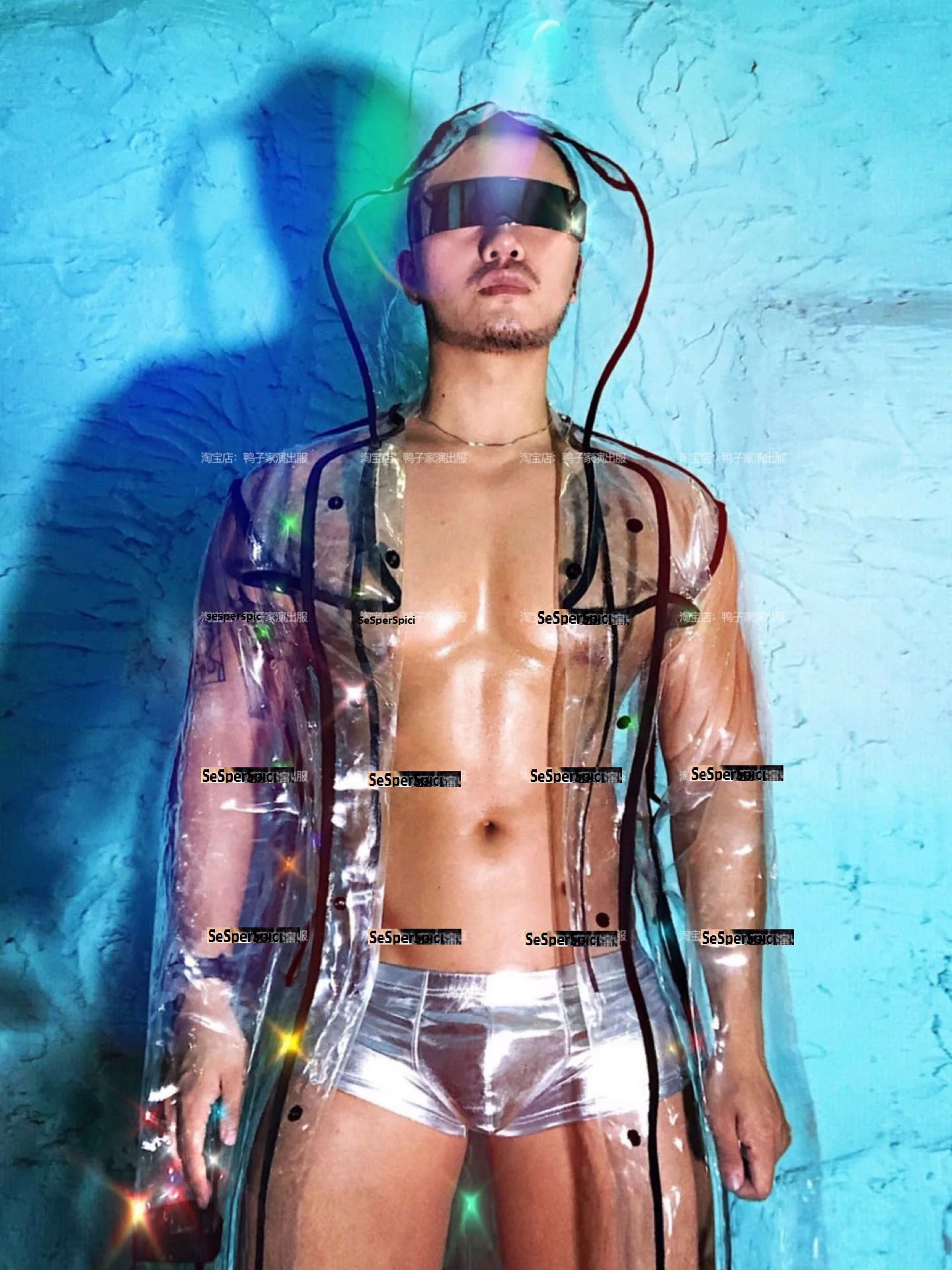 Man Clear Transparent Waterproof See Through Sexy Chic Man Jacket DJ Club Costume Music Festival