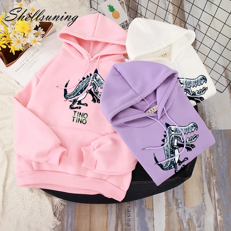 

Shellsuning Hoodies Women 2019 Korean Style Kawaii Dinosaur Pattern Ladies Pink Sweatshirt Female Long Sleeve Warm Tops Hooded