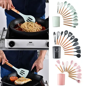 

Behogar 12PCS Kitchen Cooking Utensils Set Wooden Silicone Egg With Beater Brush Tongs Spatula Spoon Turner Pasta Server Bin
