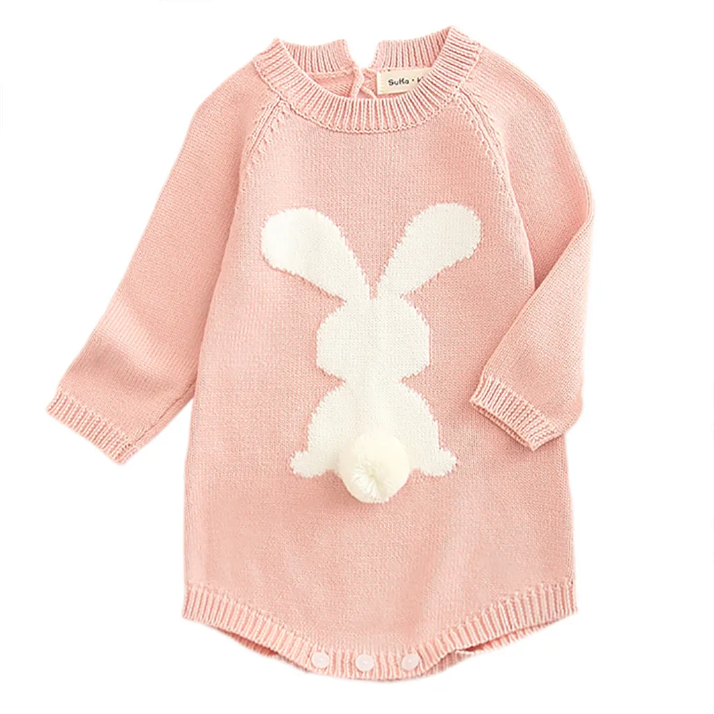 Вязаный свитер с кроликом и помпонами для новорожденных девочек; комбинезон; боди в японском стиле