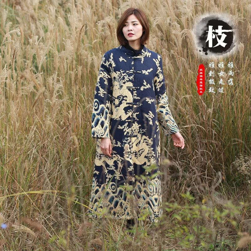 

Zhi pai Cotton Linen Ethnic-Style WOMEN'S Dress Retro Winter New Style Long Sleeve Long Cotton-padded Clothes WOMEN'S Coat