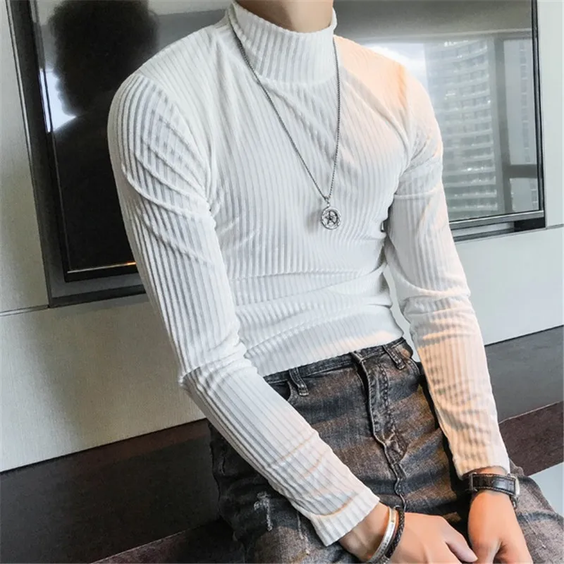 High Quality 4 Colors Turtle Neck Velour Under Tshirt Men Long Sleeve 2020 Autumn Winter Slim Fit Club Outfits | Мужская одежда