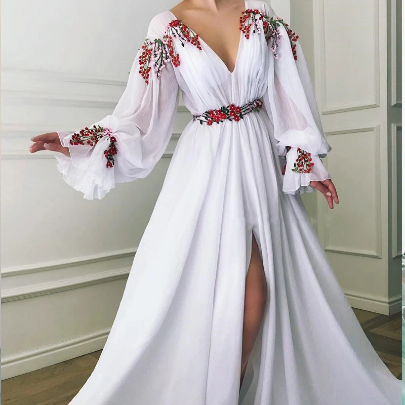 Мусульманское вечернее платье Wihte длинное шифоновое с V-образным вырезом и