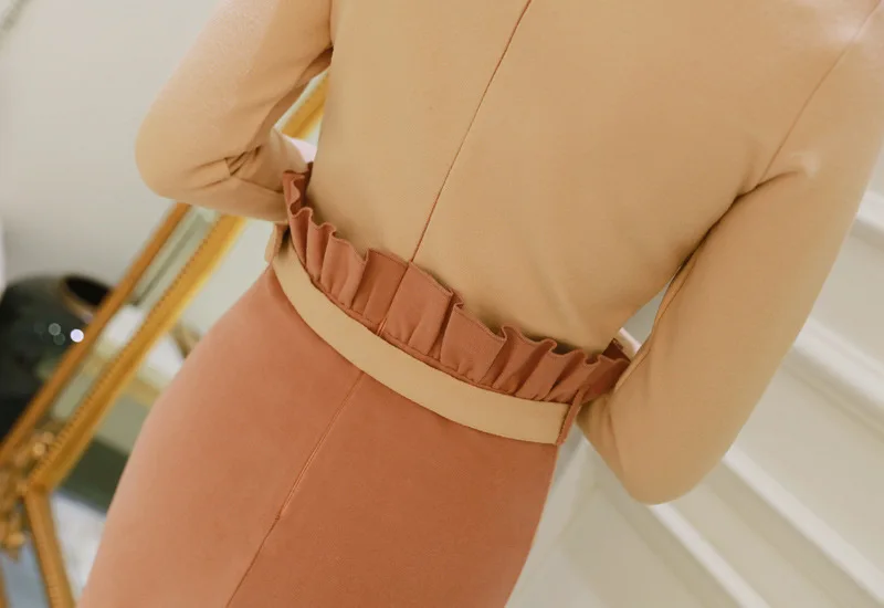 Плюс размер сезон осень-зима; розовый цвет Bodycon Wrap платье женское лоскутное контрастное миди облегающее платье с длинным рукавом Повседневные платья