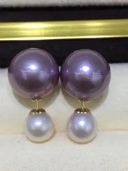 

D318 Pearls Earrings Fine Jewelry Solid 18k Yellow Gold Nature 7-12mm Fresh Water Purple and White Pearls Female's Earrings