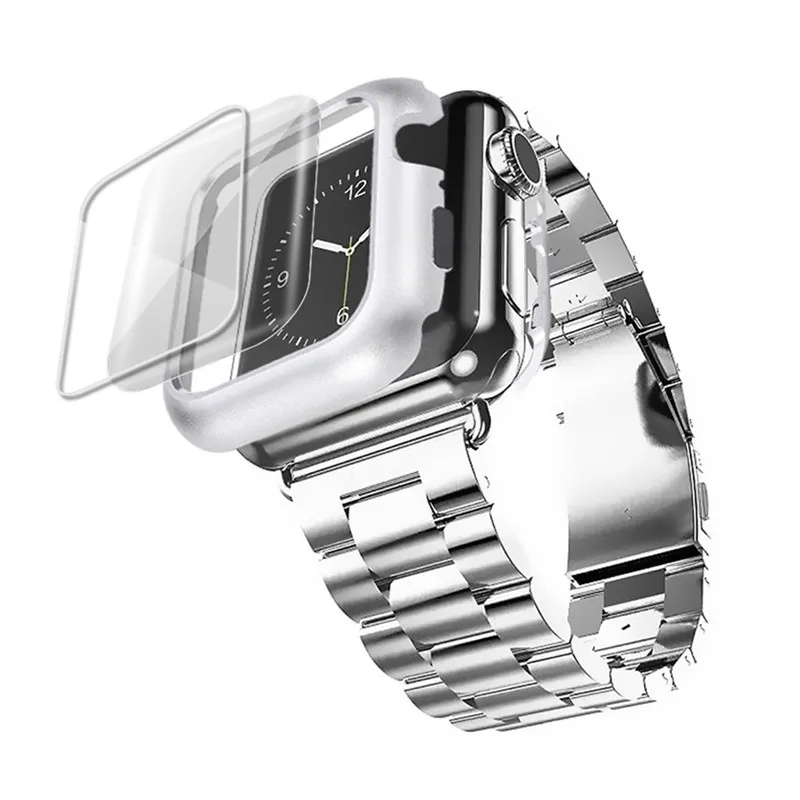 silver Чехол из нержавеющей стали+ ремешок для apple watch band 44 мм/40 мм apple watch 5 4 3 band iwatch band 42 мм/38 мм браслет ремешок для часов+ пленка - Цвет ремешка: silver