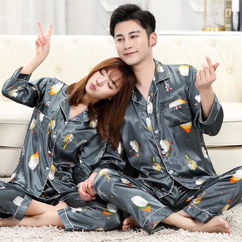 cotton pj set New Printing Matching Pajamas Couples Long Sleeved Sleepwear Silk Pajamas for Women Sleep Tops Pants Mens Pajamas Set Pijamas mens short pjs