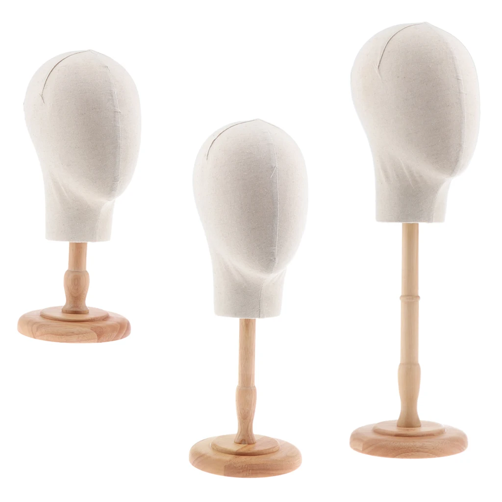 3pcs Hair Wigs Extension Making Hats Caps Display Fiberglass with Canvas Mannequin Head Model + Detachable Wood Stand