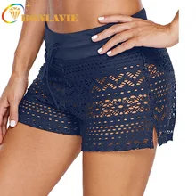 Черные, синие жаккардовые одноцветные плавки для женщин, кружевные цветочные полые Шорты для плавания, женские плавки бикини с высокой талией