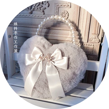 

Cute Lolita Dress JK Uniform Pink Heart Furry Bag Soft Girl Lace Pearl Party Handbag Kawaii Shoulder Bag Cos Anime Women Gift