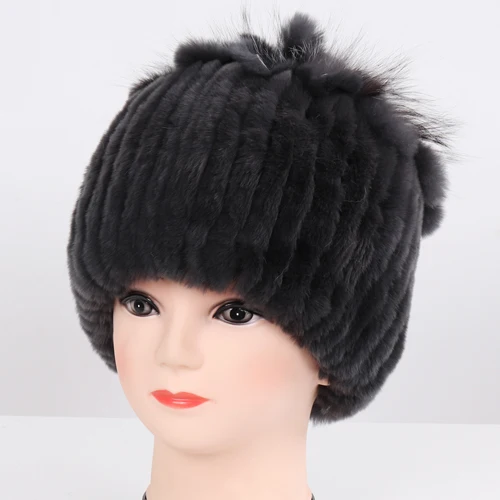 dark grey Новое поступление зимние женские Хорошие эластичные Настоящий мех кролика шапочки шапки женские толстые теплые натуральная меховая вязаная шапка из настоящего меха - Цвет: dark grey